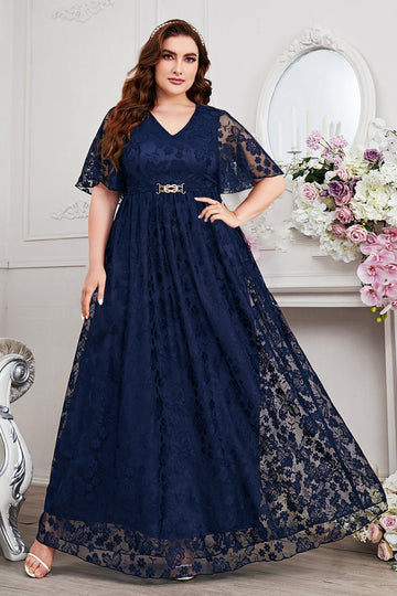 Bleu marine A-ligne dentelle col en V manches courtes Robe longue mère de la mariée
